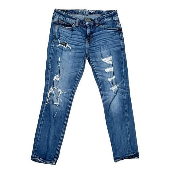 American Eagle AEO Y2K Distressed Grunge Frayed Slouchy Mid Rise Jeans Size 4 - Picture 10 of 16